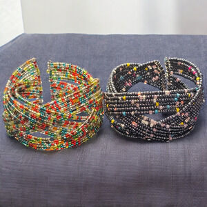 Bracelet Memory Wire Beaded Boho Beaded Cuff Lot of 2 Yellow Gray Braided